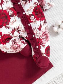 SHEIN 3 pezzi/set Tuta elegante a maniche lunghe con stampa floreale, fascia per la testa e scialle set comodo abbigliamento da casa per bambine