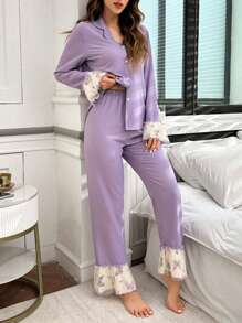 Women's Butterfly Print Ruffle Splice Lapel Top And Pants Pajama Set