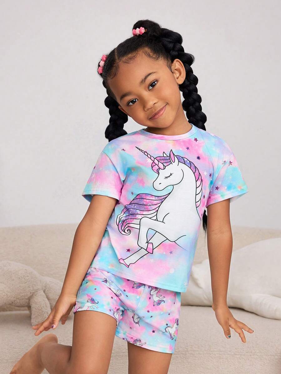 SHEIN 少女獨角獸印花水洗睡衣套裝 - 彩色 - 查看 1