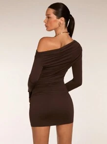 SHEIN BAE Vestido casual corto de una sola tonalidad de manga larga de verano, vestidos de otoño para mujer, ropa de otoño para mujer, vestidos asimétricos, ropa de invierno - Café - Ver 4