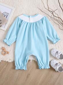 SHEIN Infant Girls' Simple Stylish Light Blue Kitty Embroidery Collar Long Sleeve Romper Jumpsuit Pajamas - Baby Blue - View 2
