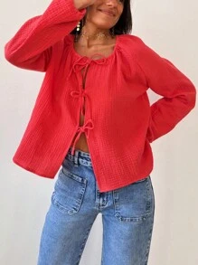 INAWLY Women's Solid Color Minimalist Casual Long Sleeve Shirt With Drawstring Fall Cloth For Women - Red - View 5