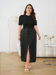 SHEIN Privé Áo thun ngắn tay cổ tròn đơn giản màu trơn dành cho nữ Plus Size - màu đen - Xem 3
