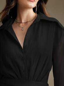 Anewsta Women V-Neck Long Sleeve Loose Fit Ruffles Casual Shirt Dress With Waist Cinching, Mini Dress Organza Women Outfit - Black - View 7