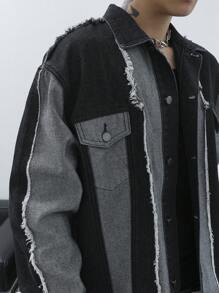 Manfinity Roghcode Men's Frayed Edge Color Block Vintage Dark Long Sleeve Denim Jacket, Stylish Casual Wear, For Vacation, Friends - Black - View 6