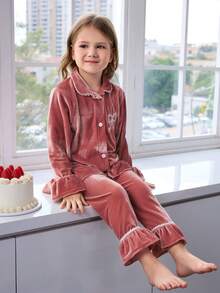 2 piezas/set Ropa casual de estar en casa para niñas pequeñas con Top de terciopelo bordada con volantes y moño y pantalones - Rosa vieja - Ver 4
