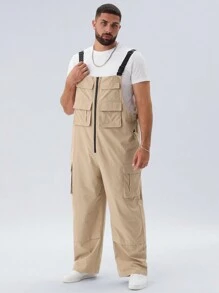 Manfinity NXTstreet Plus Size Men's Leisure Ripstop Multi-Zipper Pockets Bib Overalls