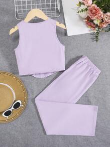 SHEIN Bộ áo ba lỗ và quần màu trơn thường ngày cho bé gái tuổi teen, Xuân/Hè - Màu Lilac Tím - Xem 2