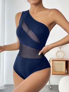 INAWLY Áo liền quần không tay một vai màu trơn mùa hè phối lưới gợi cảm - Màu xanh lam - Xem 6