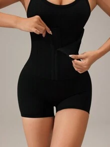 Easithlete 女士无缝腰部收紧吊带背心和短裤运动套装 - 黑色 - 查看 4