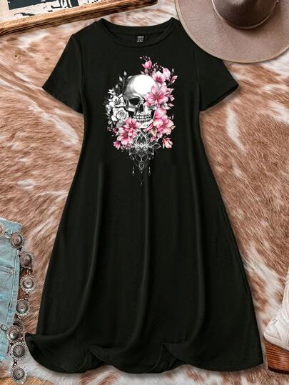 SHEIN LUNE Plus Size Women's Casual Minimalist Skull Print Short Sleeve Loose Dress, For Summer Suitable For Going Out Chic Dress