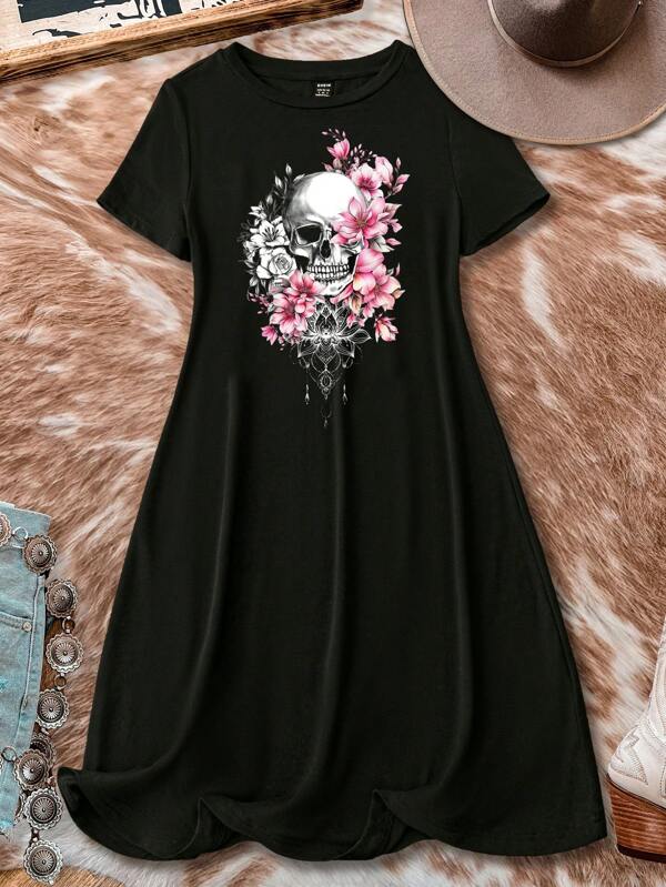 SHEIN LUNE Vestido holgado de manga corta con estampado de calavera minimalista casual de talla grande para verano
