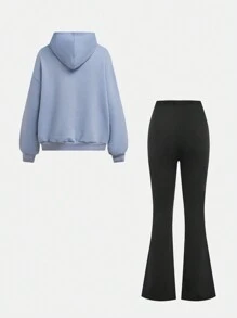 SHEIN Girlism 2 件套青少年女孩纯色字母图案连帽衫套头衫和喇叭裤休闲羊毛加厚服装 - 淺藍色 - 查看 2