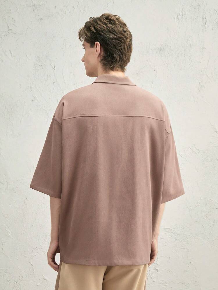 ゆとりのあるメンズカジュアル半プラケットポロシャツ、キャメル、半袖オブリークプラケット