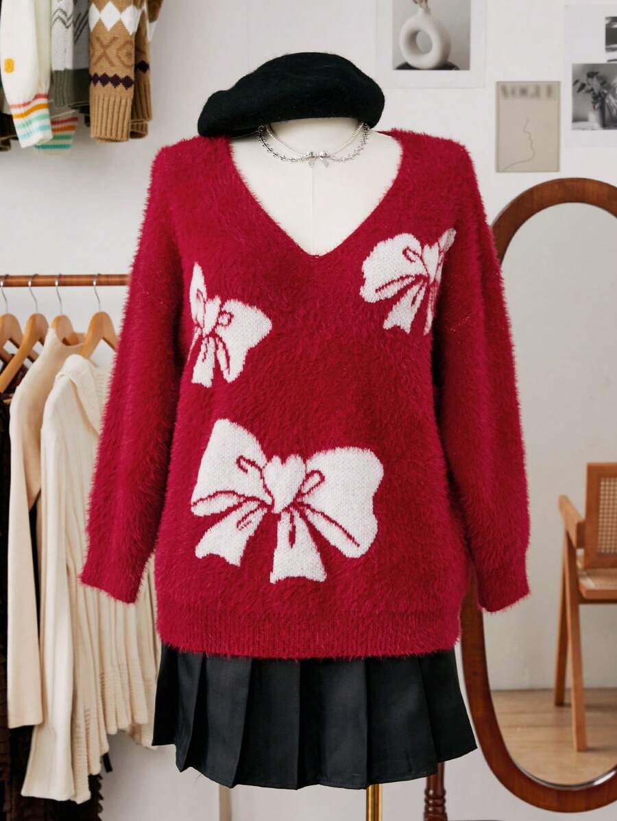 Flirla Áo len dài tay phối màu dành cho nữ cỡ lớn, trang trí nơ, thích hợp cho mùa thu đông. - Đỏ - Xem 1