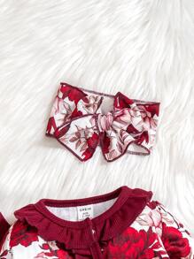 SHEIN 3 pezzi/set Tuta elegante a maniche lunghe con stampa floreale, fascia per la testa e scialle set comodo abbigliamento da casa per bambine