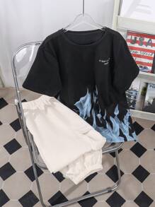 2pcs Teen Boy Street Style Digital Fire Letter Print T-Shirt And 3D Pocket Design Long Pants Set, For Halloween Party - Beige - View 1