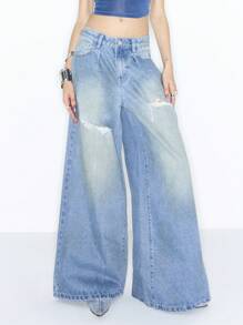 MUSERA Y2K Low Rise Oversized Distressed Jeans Spring Summer - Light Wash - View 1