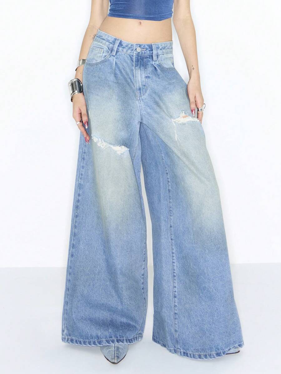 MUSERA Y2K Low Rise Oversized Distressed Jeans Spring Summer - Light Wash - View 1