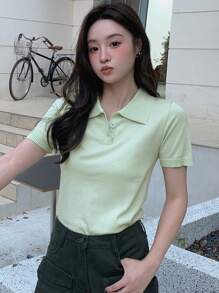 DAZY Women's Short Sleeve Polo Neck Knit Top