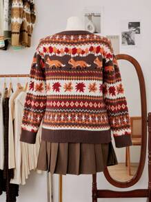 Flirla Suéter de punto con cuello redondo con estampado de zorro y hojas, talla grande, para otoño e invierno
