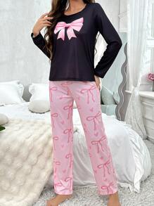 Cute Bow-Knot Design Long Sleeve And Long Pants Women's Pajama Set
