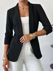 Firerie Women's Elegant Casual Pleated 3/4 Sleeve Ruffle Collar Black Blazer Jacket, Office Wear , Bussines Casual Womenwinter,Business Casual, Elegant,Black - Black - View 2