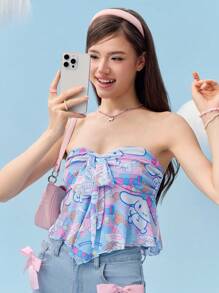 HELLO KITTY AND FRIENDS | SHEIN 女士卡通肉桂卷与字母印花褶皱胸前蝴蝶结前襟手帕下摆抹胸 - 藍色 - 查看 3