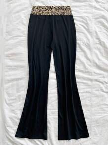 Soleia Phụ Nữ Giải Trí Đan Đen Lông Cừu Loe Quần Eo Thấp, Du Lịch Thời Trang Eo Miếng Dán Cường Lực Da Báo Quần Tây - màu đen - Xem 5