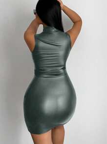 BamGleam 纯色立领无袖修身迷你连衣裙，休闲日常穿着 PU 皮革女装 - 灰色 - 查看 2