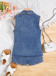 SHEIN 年轻女孩时尚石洗牛仔吊带上衣、宽松牛仔短裤和瀑布领背心外套，年轻女孩返校装 3 件套 - 彩色 - 查看 2