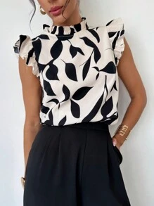 Firerie Blusa elegante de mujer con estampado floral y mangas de tapón para uso diario y vacacional, Top sin mangas para el verano