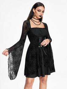 ROMWE Goth 女式不对称下摆系带喇叭袖迷你连衣裙，带有蜘蛛网纹理拼布，适合万圣节