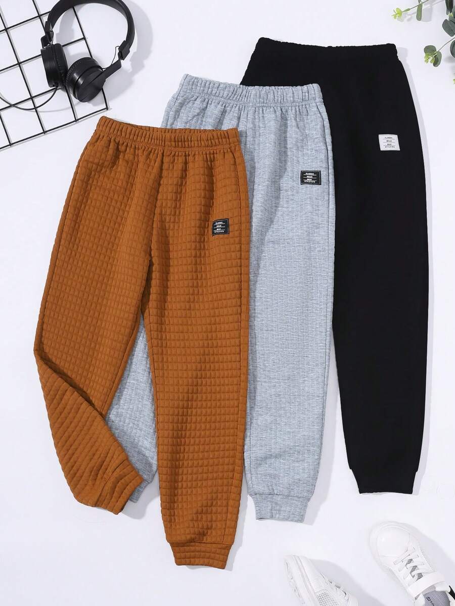 SHEIN Bộ 3 quần chạy bộ họa tiết lưới tổ ong cho bé trai tuổi teen, Nâu/Xám/Đen, Thích hợp cho mùa thu/đông, Ấm áp và thoải mái, Lý tưởng cho trường học/gia đình/ngoài trời/tiệc tùng/sinh nhật, Phong cách cổ điển và đa năng - Nhiều màu - Xem 1