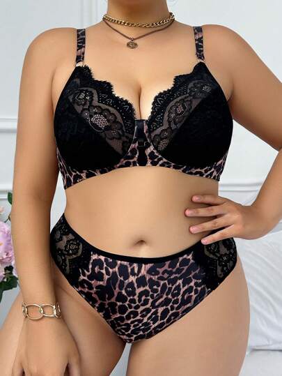 2pcs/Set Plus Size Women Lace Patchwork Wireless Bra Set, Lift