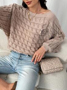 SHEIN LUNE Casual Solid Color 3D Floral Decor Batwing Sleeves Sweater For Spring And Autumn Knit Pullover Fall Winter Outfit - Apricot - View 4