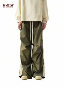 BJHG Men's Woven Wide-Leg Paratrooper Pants With Stack Design - Olive Green - View 1