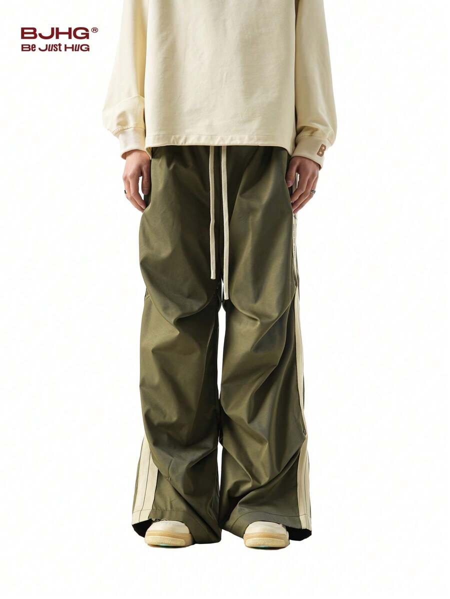 BJHG Men's Woven Wide-Leg Paratrooper Pants With Stack Design - Olive Green - View 1