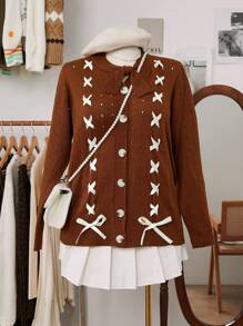 Sunnyshic Plus Size Stylish Christmas Sweater With Bow Tie Neck And Ribbon Decor - Brown - View 8