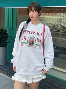 DAZY Women Pattern Print Fleece Loose Fit Crewneck Sweatshirt, Autumn,Fall Women Clothes,Winter - Light Grey - View 4