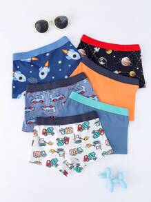 6条/包 男童3D无缝卡通汽车、挖掘机、太空火箭撞色腰带舒适成长型内裤，适合秋季、冬季和开学季 - 彩色 - 查看 2