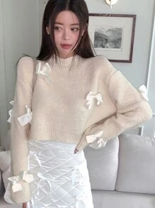 DAZY 女式蝴蝶结休闲短款毛衣秋季 - 米色 - 查看 4