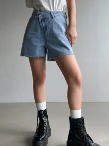 DAZY Loose-Fit Asymmetrical Waist Women's Denim Shorts Low Rise Jeans Jorts - Light Wash - View 2