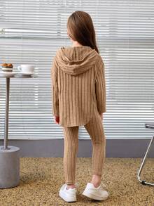 SHEIN 2 件套年轻女孩宽松落肩连帽衫运动衫 + 裤子套装 - 駝色 - 查看 4