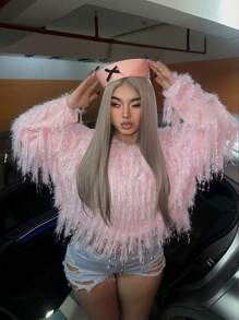 Flirla Áo len chui đầu thiết kế thời trang cỡ lớn rộng rãi rách rưới - Hồng - Xem 5