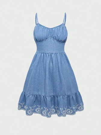 Kawaii Laser Cut Ruffle Hem Cami Denim Dress