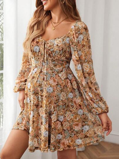 SHEIN Vestido de maternidad con estampado floral, manga farol y nudo delantero