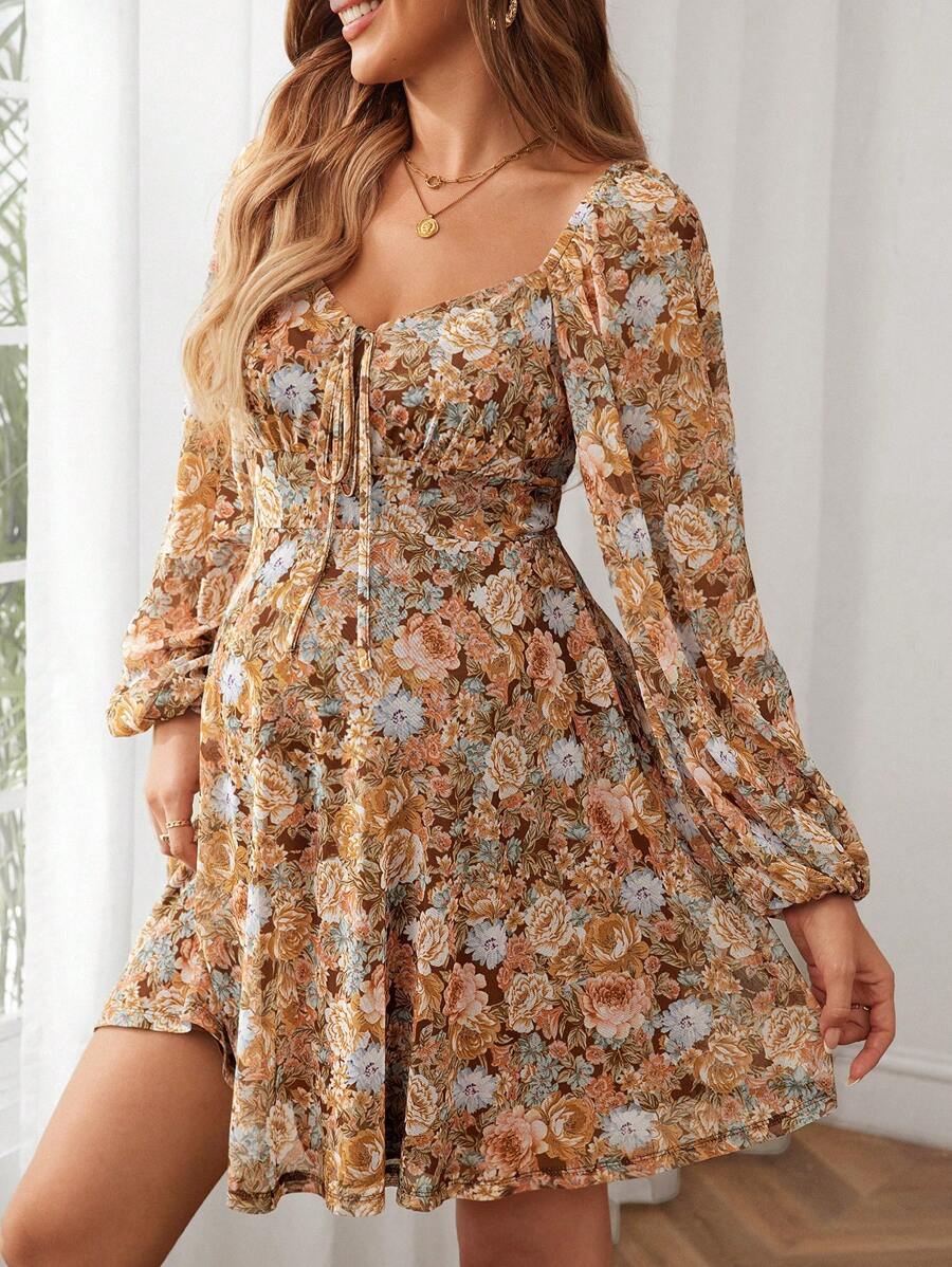 SHEIN 孕妇花卉印花灯笼袖结饰连衣裙