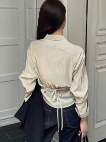 DAZY Loose Solid Color Long Sleeve Lapel Tie Front Women Blouse,Fall Clothes - Apricot - View 2