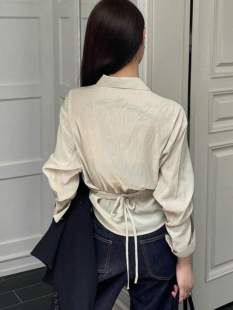 Loose Solid Color Long Sleeve Lapel Tie Front Women Blouse,Fall Clothes